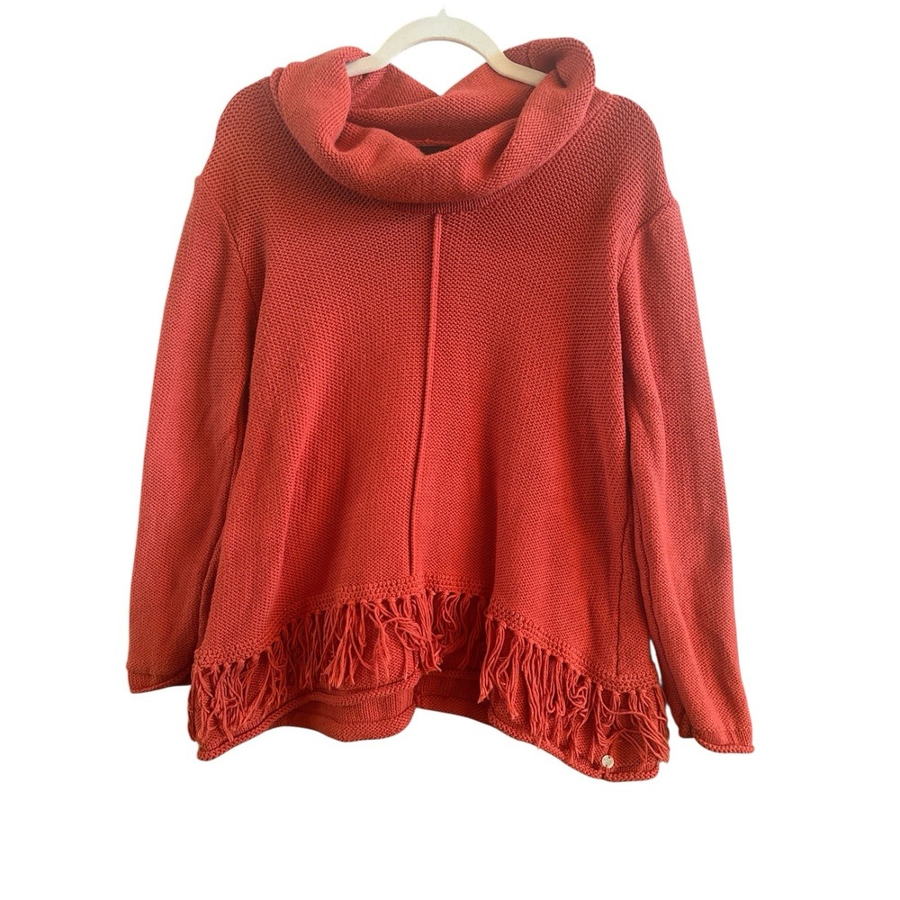 Pure Knit Orange Woman's Cotton Knit Sweater Fringed Hem Small/Medium Cowl Neck